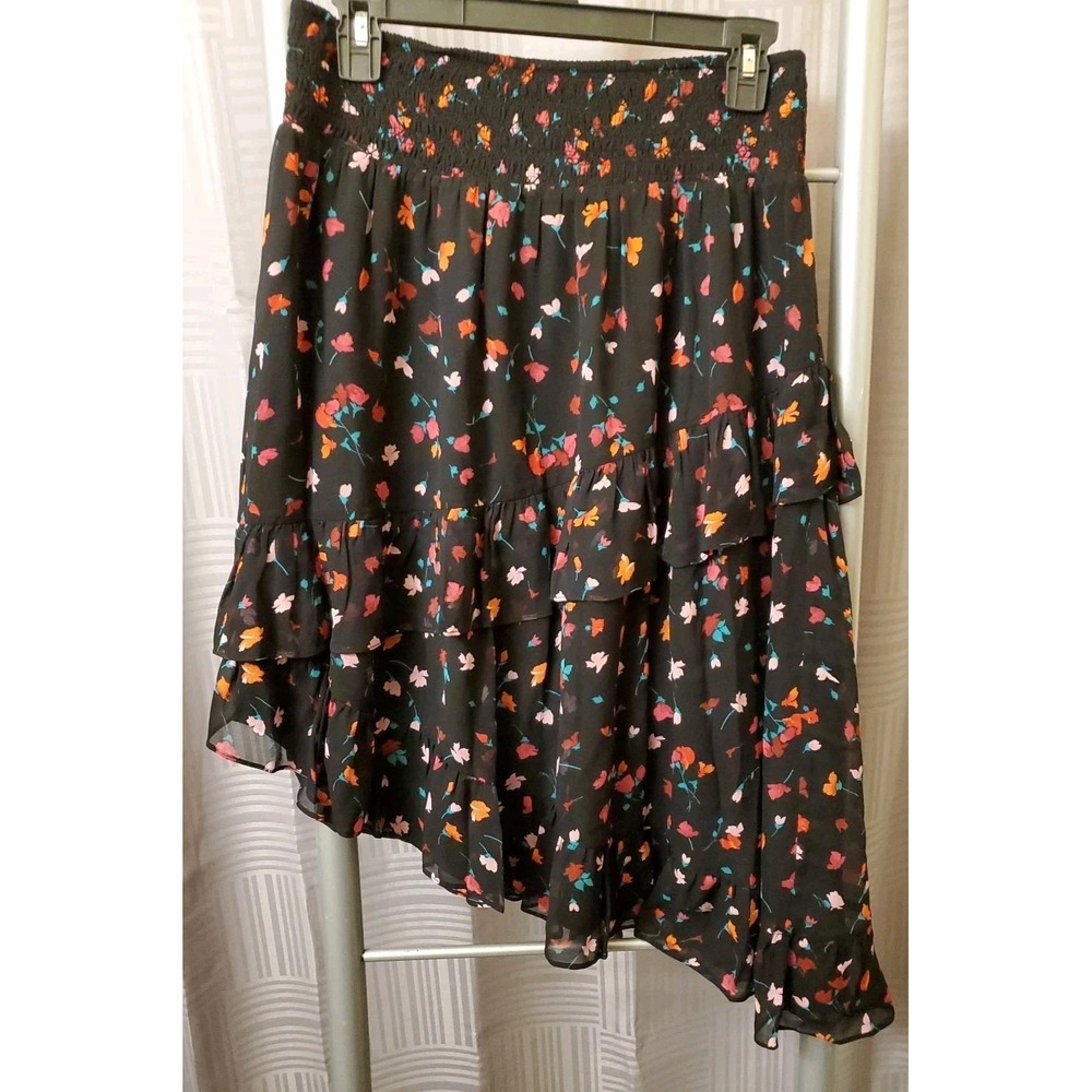 NWT JOIE Womens Black Silk Floral Asymmetr Lined Skirt Elastic Waist Size Medium